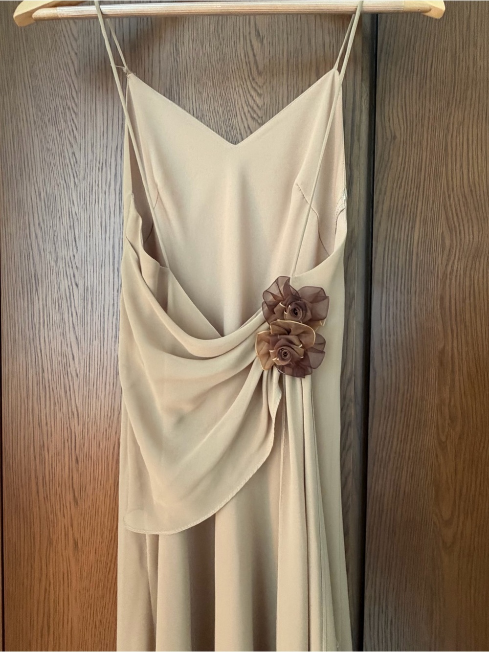 Meghan LA Beige Strapless Draped Slip Dress with Floral Accent